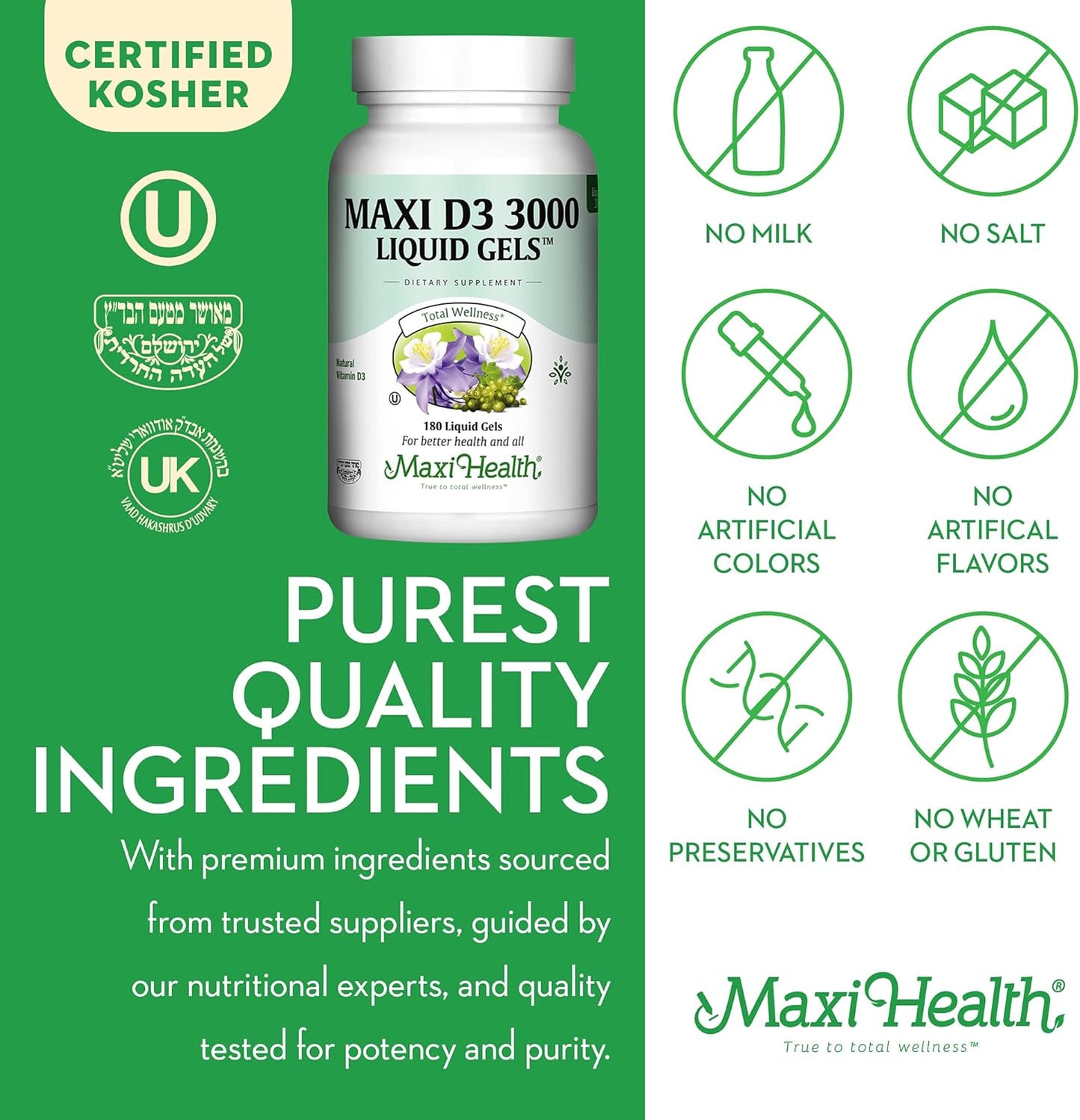 Maxi Health Vitamina D3 3000 UI 75 mcg Suplemento de vitamina D par...
