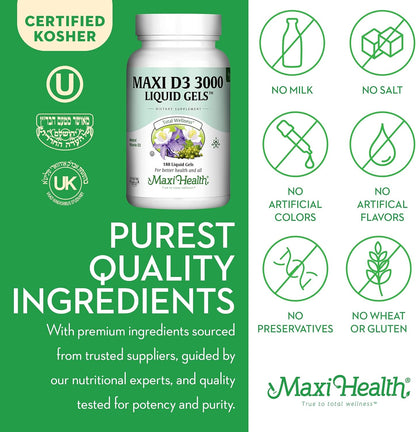 Maxi Health Vitamina D3 3000 UI 75 mcg Suplemento de vitamina D par...