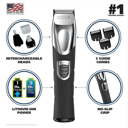 Wahl USA Recortadora recargable de iones de litio todo en uno para barba para hombres con accesorio de detalle y para recortar el pelo de las orejas y la nariz – Modelo 9854-600B