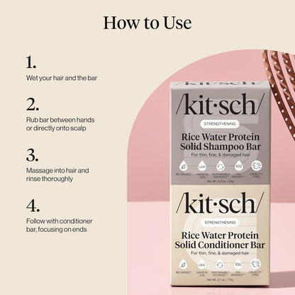 Kitsch Champú y acondicionador sólido de proteína de agua de arroz para el crecimiento del cabello – Dúo fortalecedor del cuidado del cabello con proteína de arroz y vitaminas para reparación de daños – Sin parabenos, sulfatos y silicona, fabricado en Est