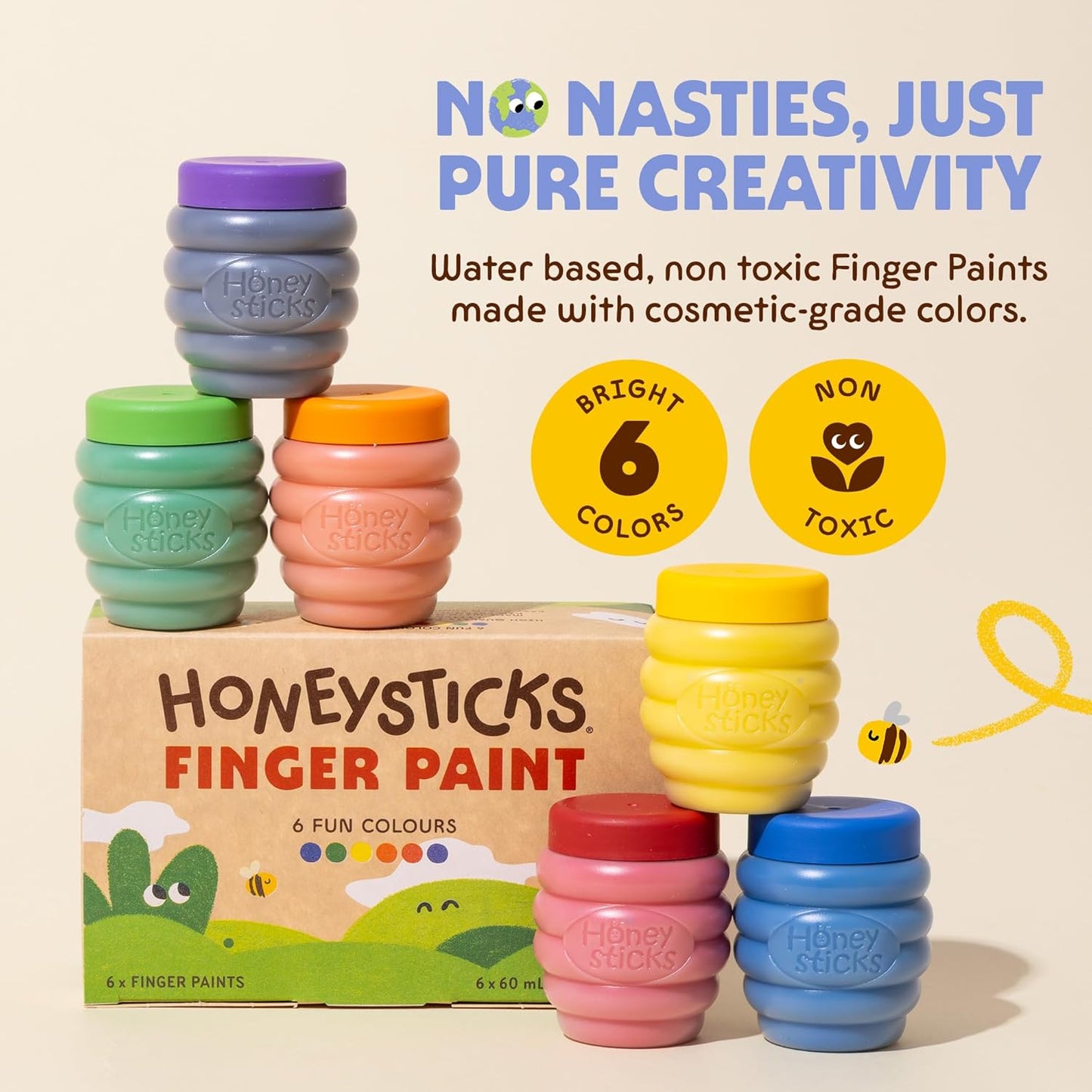 Honeysticks Pintura de dedos no tóxica (6 colores brillantes), lavable de la piel, pintura segura para dedos para niños pequeños, niños de 1 a 3, 2 a 4, 3 a 5 años, primera pintura perfecta para