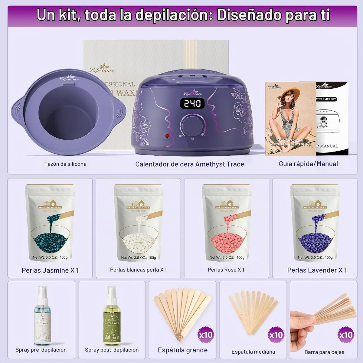 Lifestance Kit de depilación para mujeres y hombres - Calentador di...