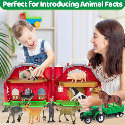 Juguetes de Animales de Granja para Niñas y Niños Pequeños de 1, 2, 3, 4, 5 Años, Gran Granero Rojo de Granja con Figuras de Animales y Juguete de Tractor para Niños, Set de Juego de Granja, Juguetes