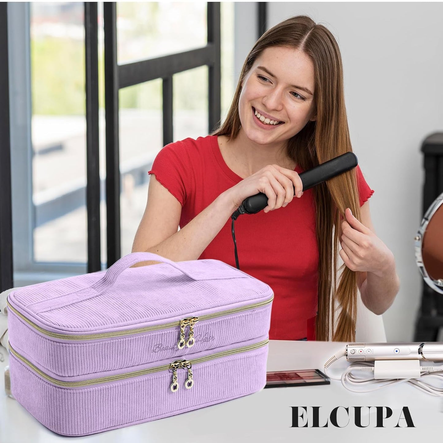 ELCUPA Estuche de viaje para herramientas de cabello de doble capa...