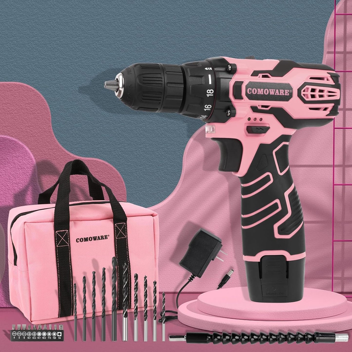 COMOWARE - Juego de taladro inalámbrico rosa para mujeres, taladro...