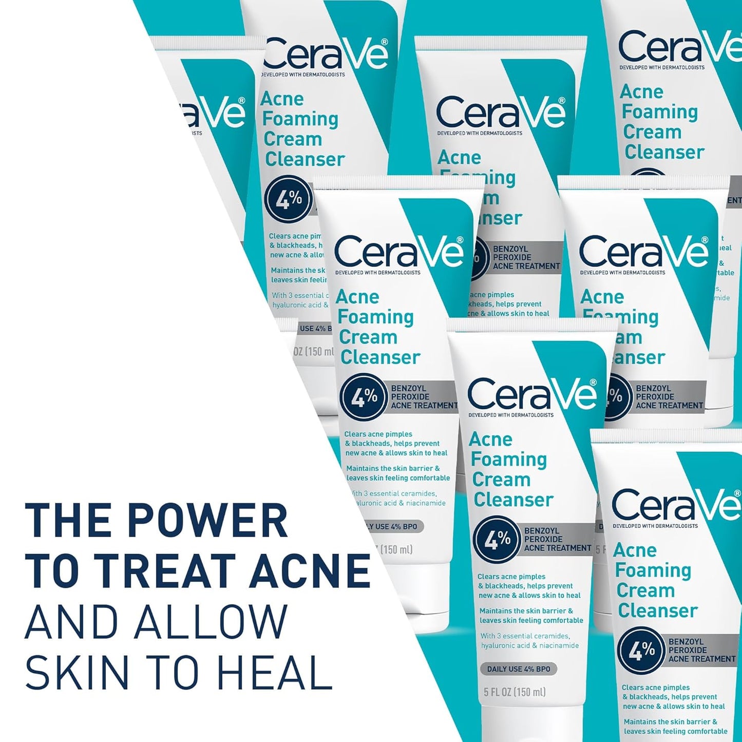 CeraVe Limpiador en crema espumosa para el acné, lavado facial de peróxido de benzoilo al 4% con ácido hialurónico, niacinamida y ceramidas, tratamiento diario suave para el acné para la cara
