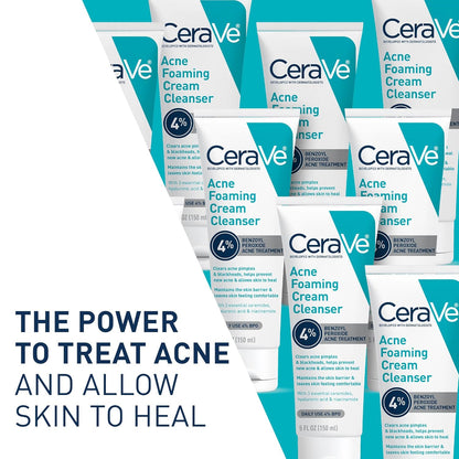 CeraVe Limpiador en crema espumosa para el acné, lavado facial de peróxido de benzoilo al 4% con ácido hialurónico, niacinamida y ceramidas, tratamiento diario suave para el acné para la cara