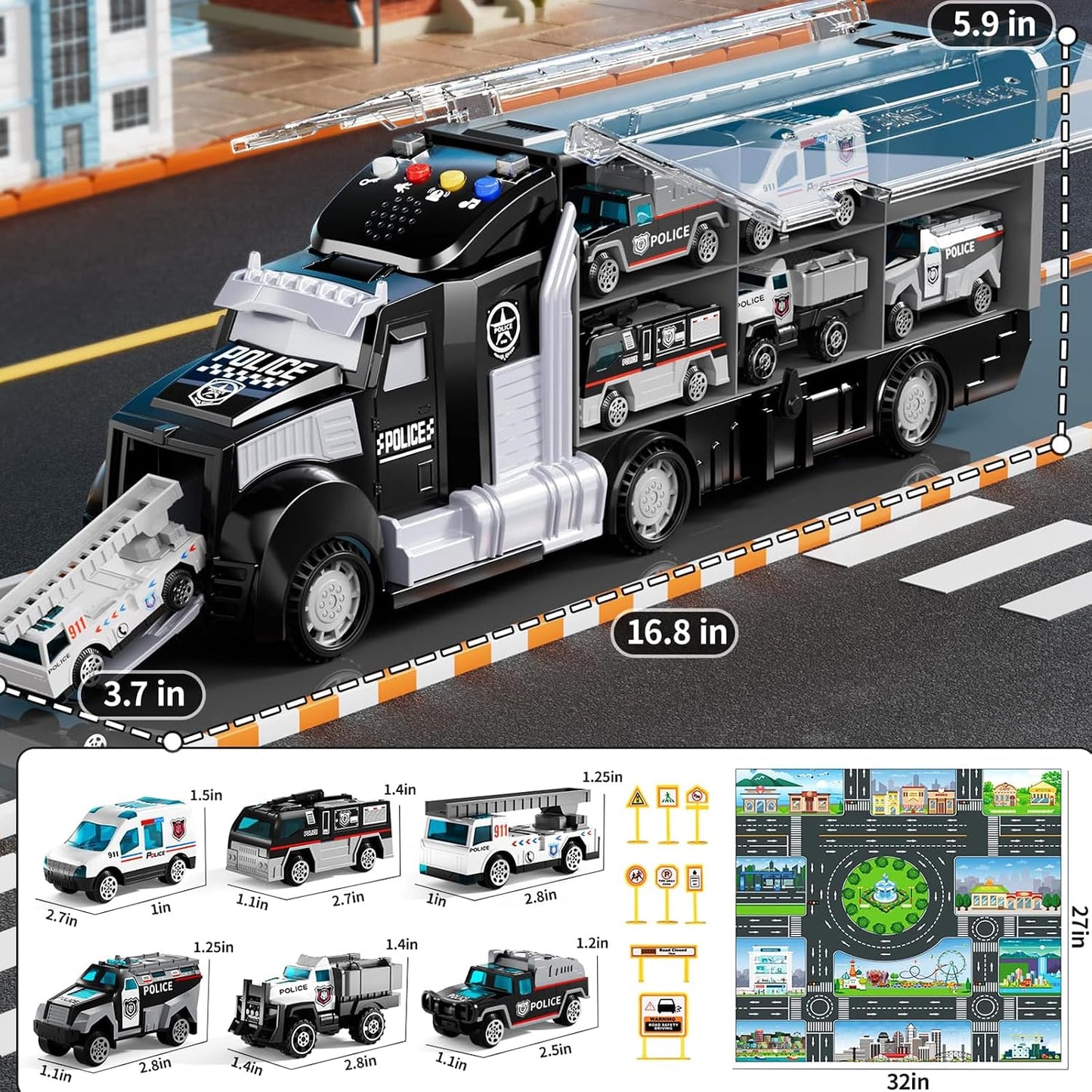YunWings Juego de Coches de Policía para Niños Pequeños: Camión de...