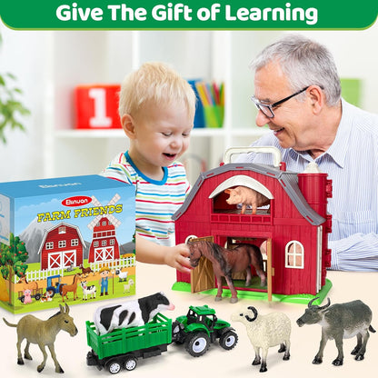 Juguetes de Animales de Granja para Niñas y Niños Pequeños de 1, 2, 3, 4, 5 Años, Gran Granero Rojo de Granja con Figuras de Animales y Juguete de Tractor para Niños, Set de Juego de Granja, Juguetes