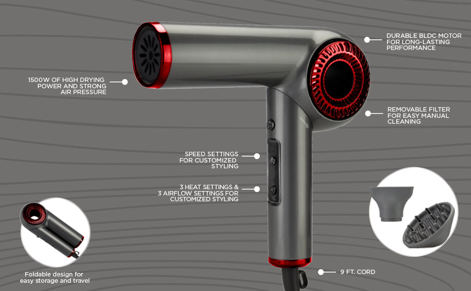 CHI Secador de pelo con motor sin escobillas de lava, diseño plegable, secado más rápido, silencioso, reduce el encrespamiento y mejora el brillo, ajustes de calor y velocidad personalizables