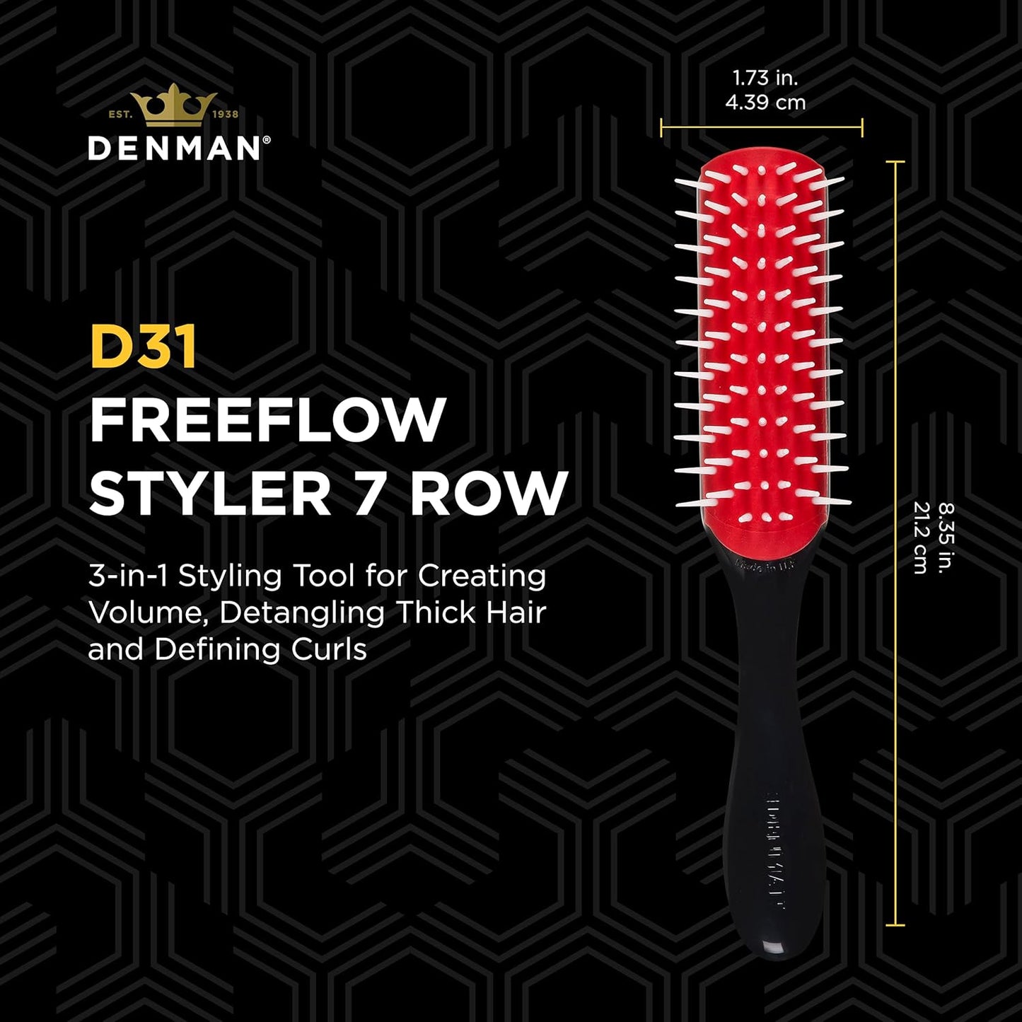 Denman Free Flow D31 - Cepillo de peinado de 7 filas, herramienta de peinado 3 en 1 para crear volumen, desenredar cabello grueso y definir rizos, D31