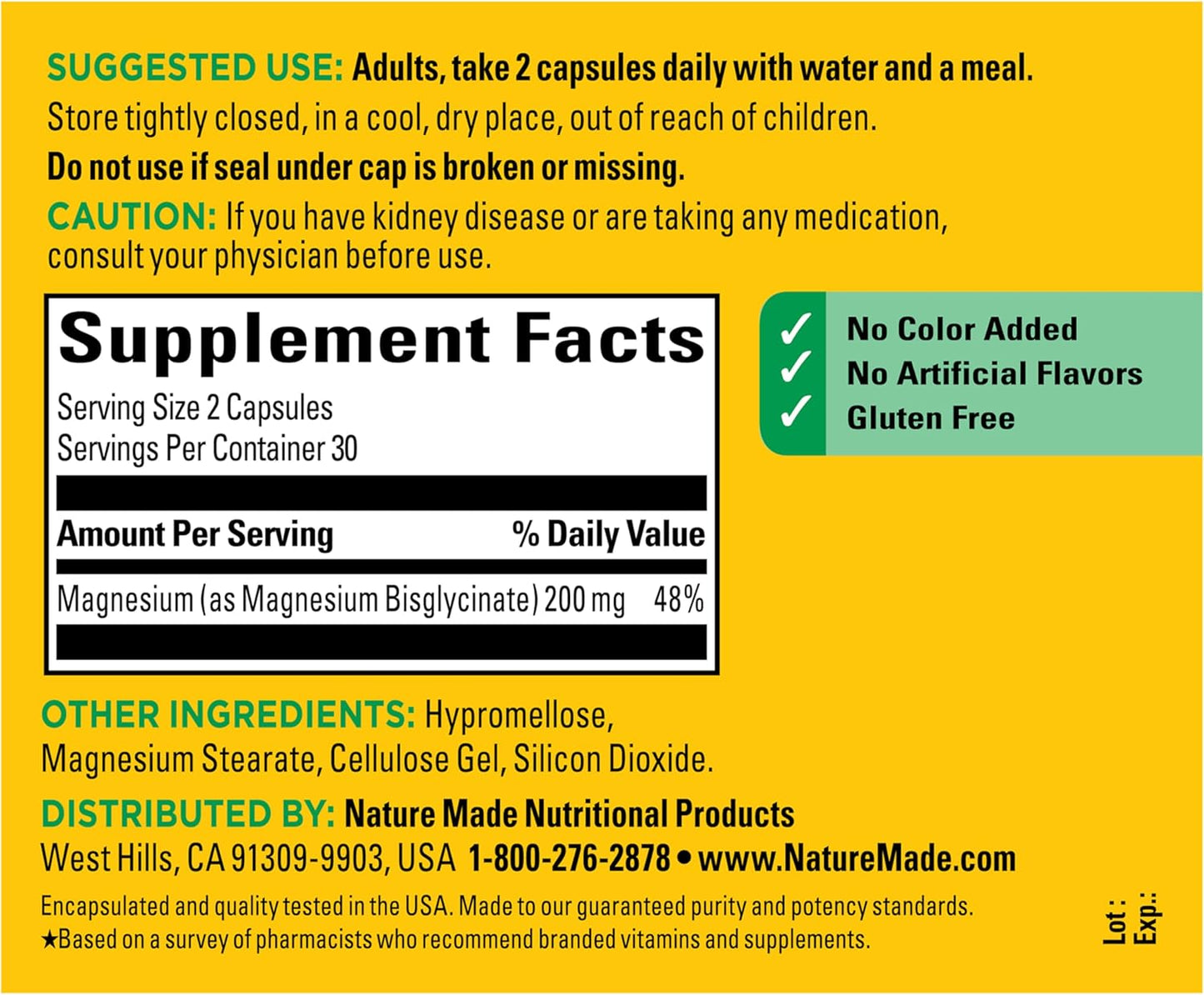 Nature Made - Glicinato de magnesio 200 mg por porción, suplemento...