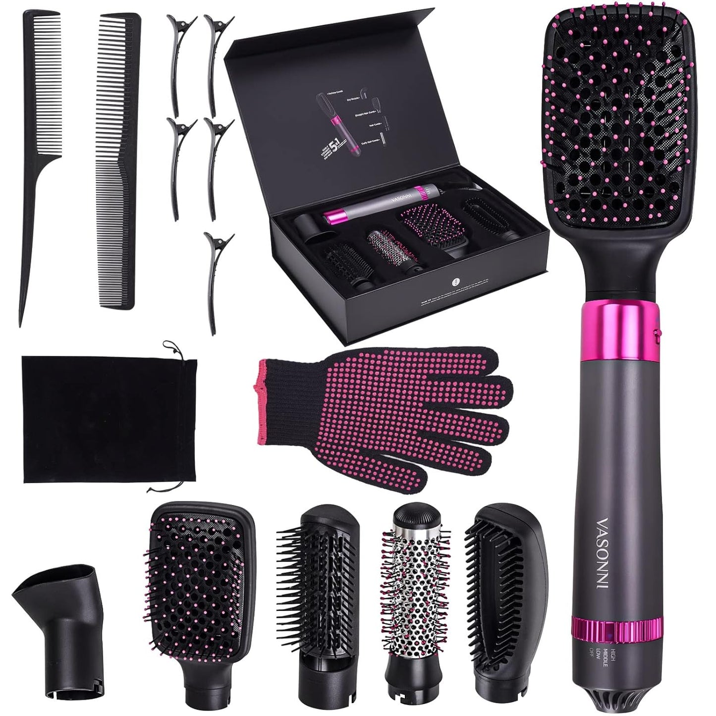 Cepillo secador de pelo 5 en 1, cepillo eléctrico de iones negativos para secador de aire caliente (negro-rojo)