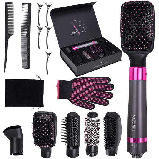Cepillo secador de pelo 5 en 1, cepillo eléctrico de iones negativos para secador de aire caliente (negro-rojo)
