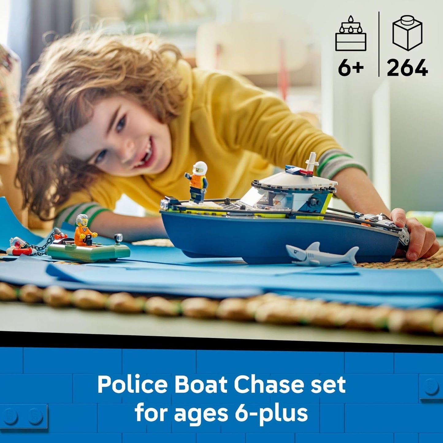 LEGO City Persecución de Barcos Policiales - Juguete de construcción para niños, juego de simulación para niños y niñas, a partir de 6 años, bloques de construcción con 2 juguetes de barcos flotantes
