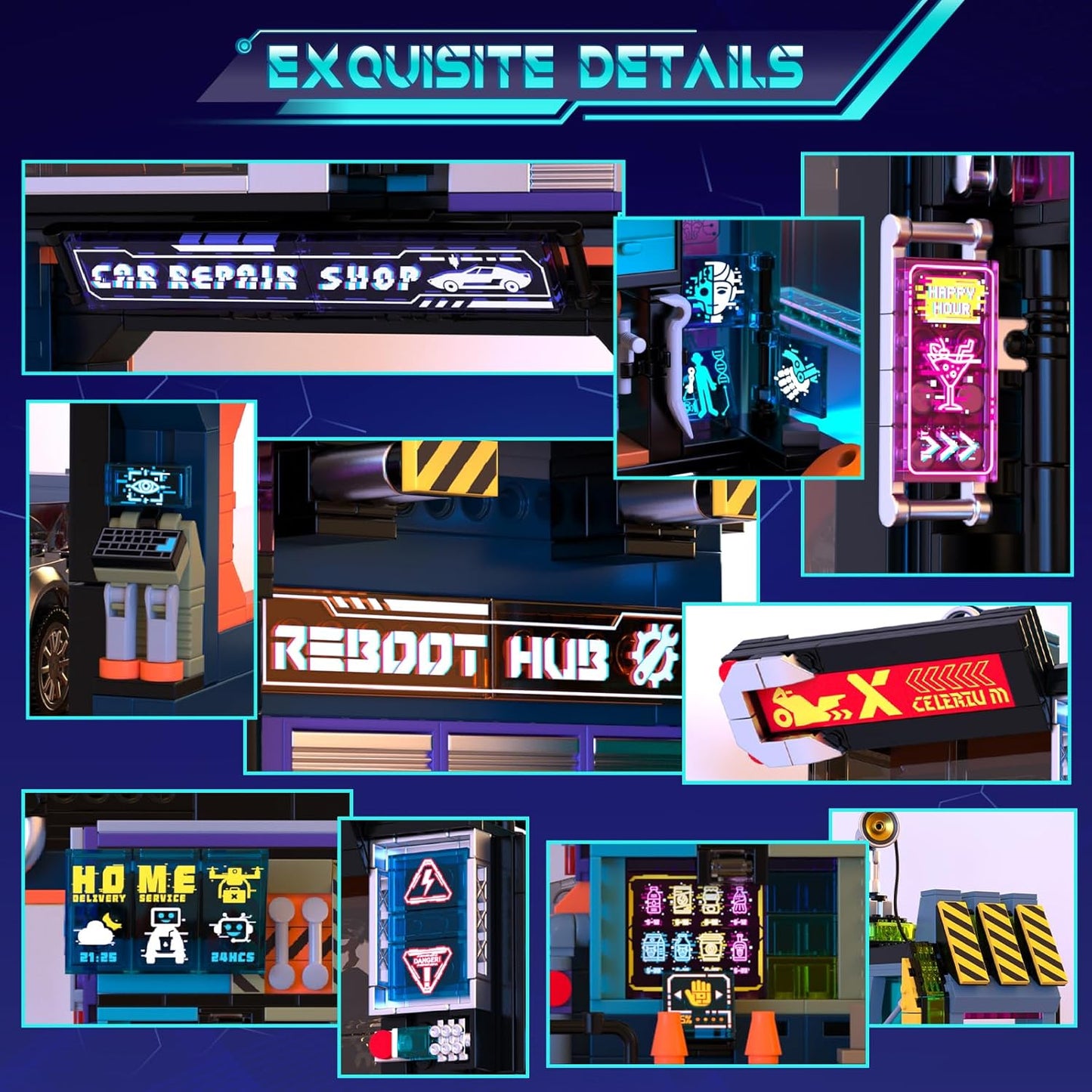 Cyber-Punk Mansion - Juego de bloques de construcción, 2098 piezas de neón para reparación de automóviles con automóvil deportivo de ciencia ficción, colección modular de vista de calle Cyber-Punk