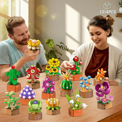 Paquete de 15 mini construcción de flores y plantas, 1314 piezas de suculentas de flores de 0.142 in, colección botánica, juguete de bloque para decoración del hogar, oficina, regalos de cumpleaños de Pascua para adultos, mujeres, niños y niñas mayores de