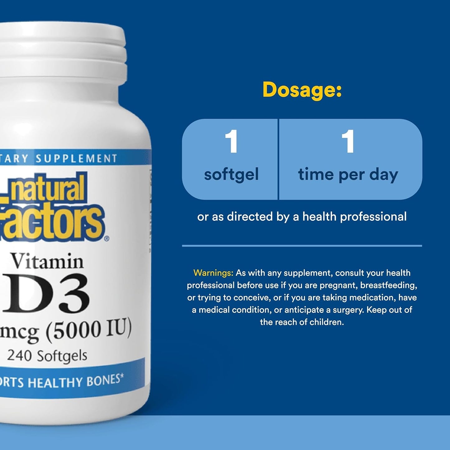 Natural Factors, Vitamina D3, 5,000 UI, apoya la salud de las artic...