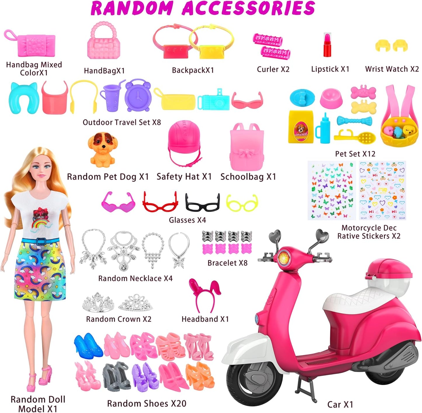 MINIFUN Juego de 75 piezas de scooter para muñecas, ropa y accesori...