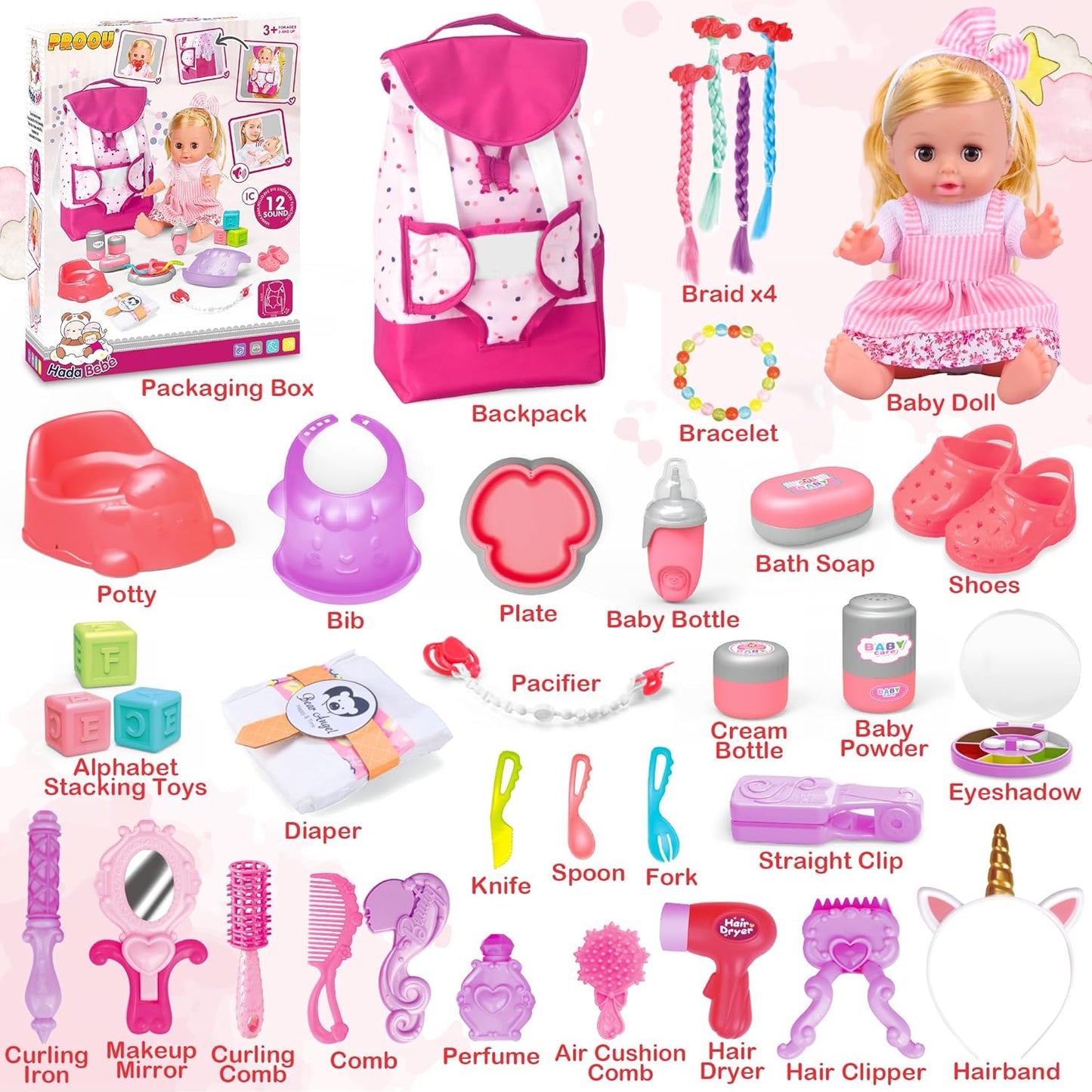 PROOU Set de Juguetes de Muñecas de Cuidado de Bebé, Set de 36 Piez...