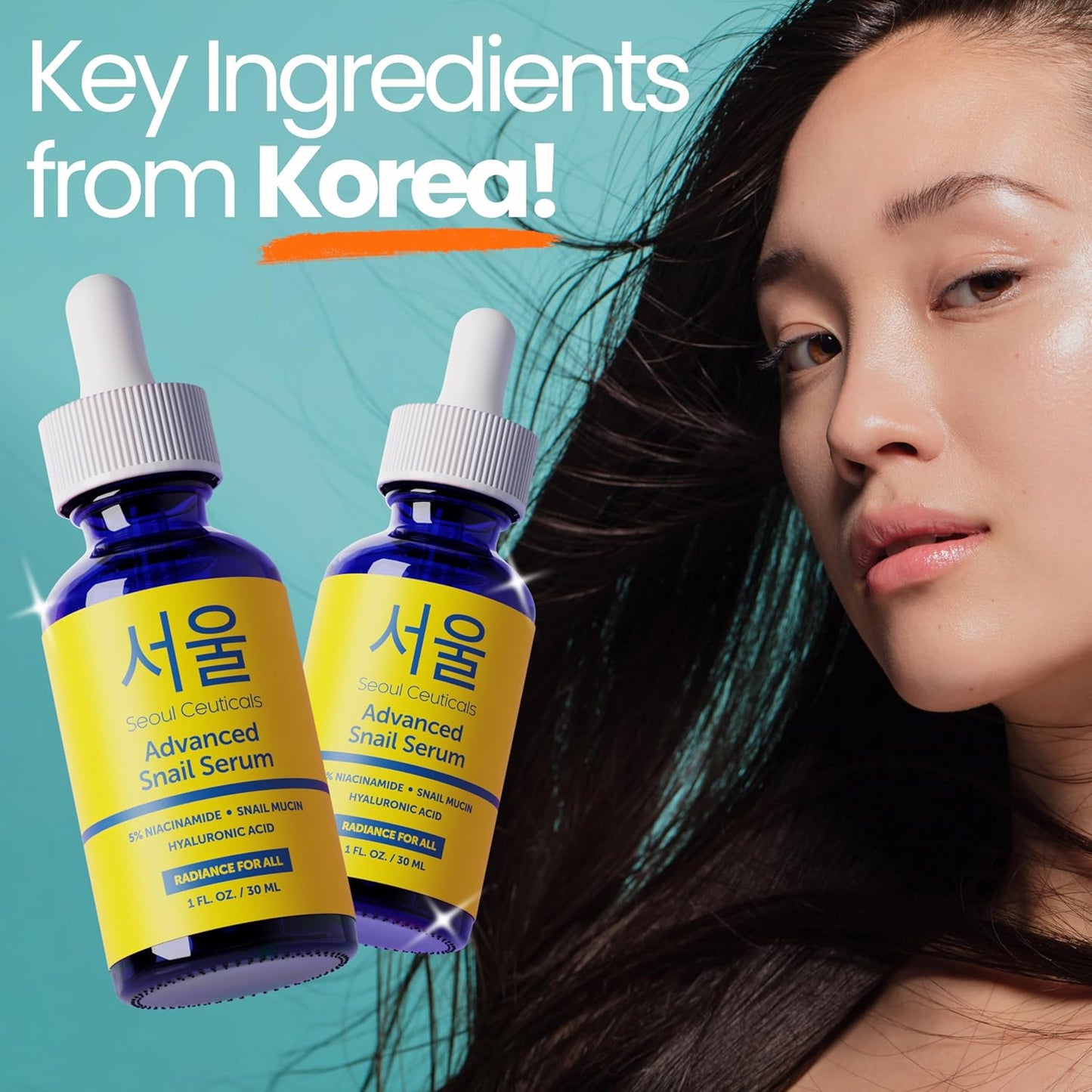 SeoulCeuticals K Beauty - Suero coreano al 5 % de niacinamida + mucina de caracol al 97.5 % + ácido hialurónico, cuidado de la piel coreano sin crueldad, suero facial antienvejecimiento natural y