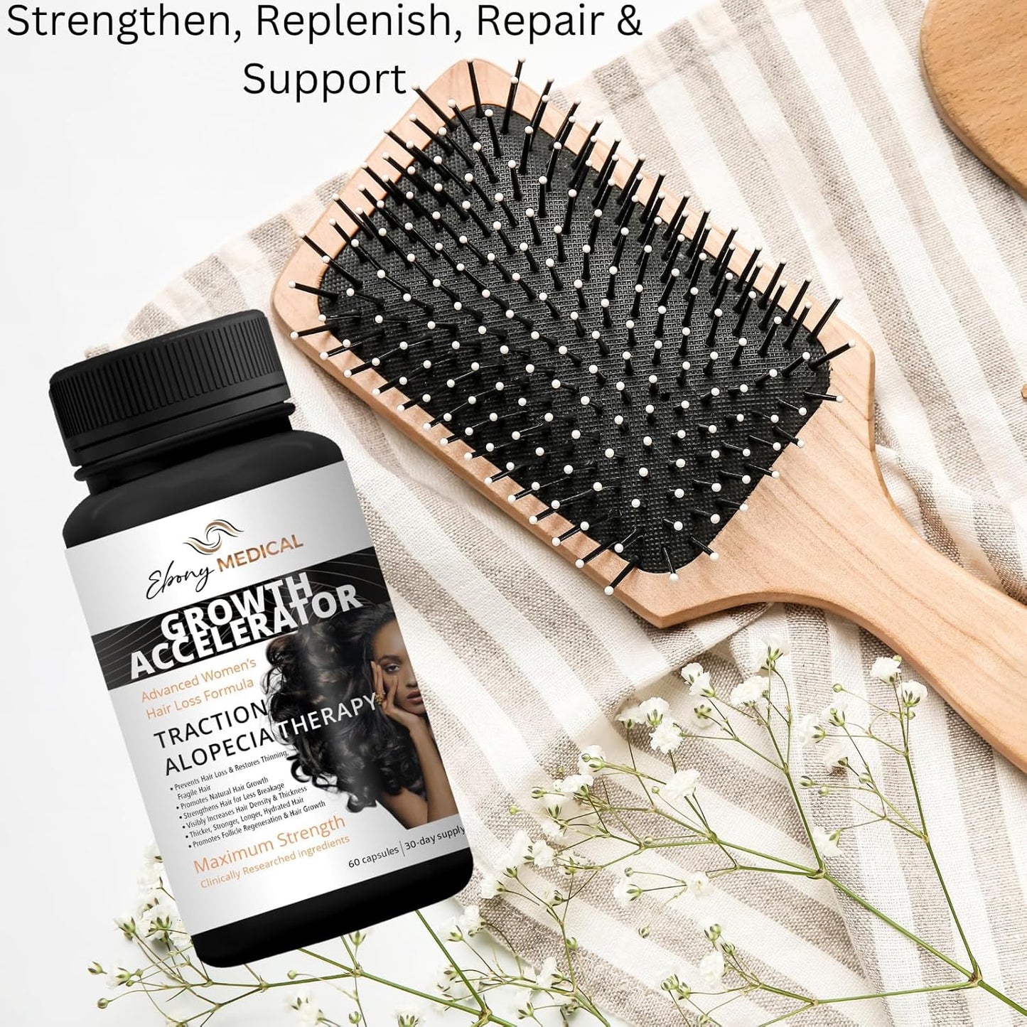Suplemento médico de ébano para el cabello para mujeres de color - Adelgazamiento del cabello y apoyo de la alopecia de tracción - Impulso de queratina, nutrición folículo y vitaminas para la fuerza
