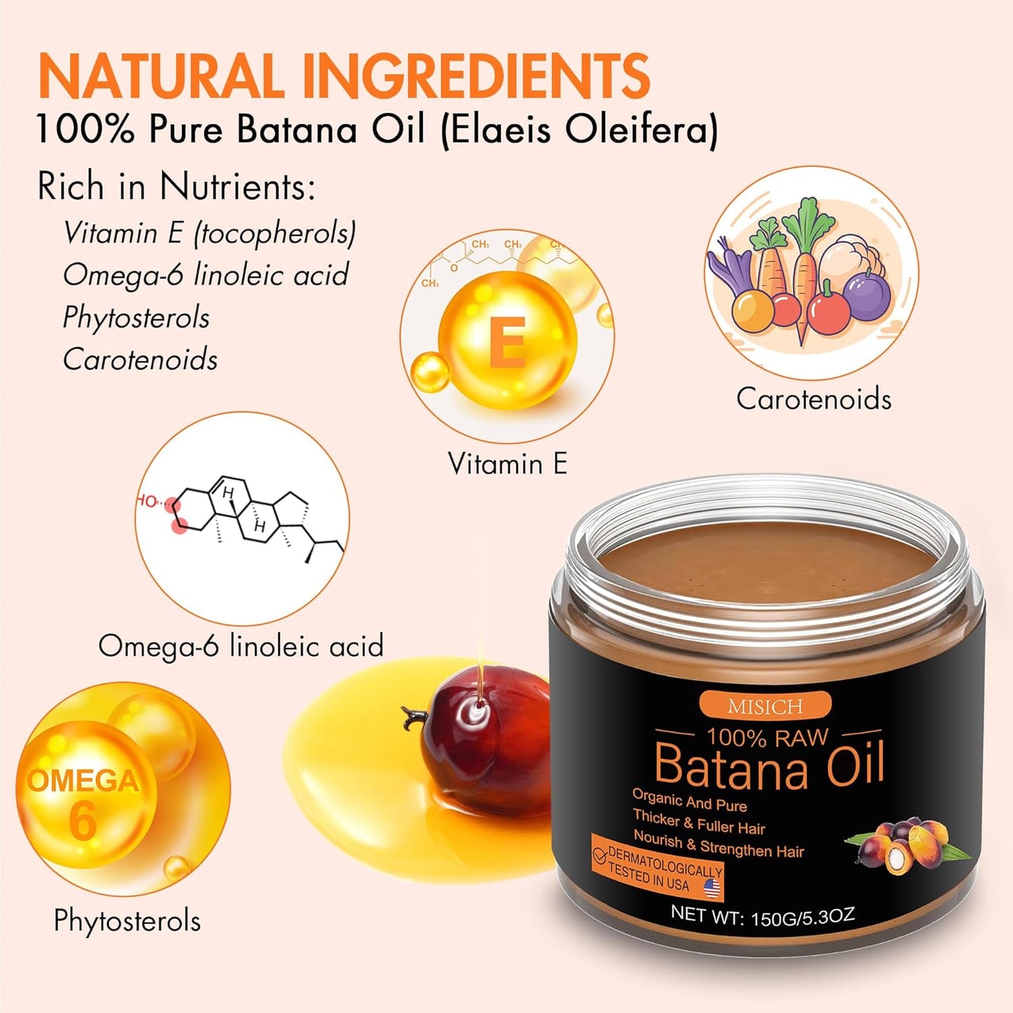 Aceite de batana crudo para el crecimiento del cabello, pasta de aceite de Botana 100% natural puro de Honduras, mascarilla orgánica sin refinar para prevenir la pérdida de cabello, mejora el grosor para hombres y mujeres, 5.3 onzas