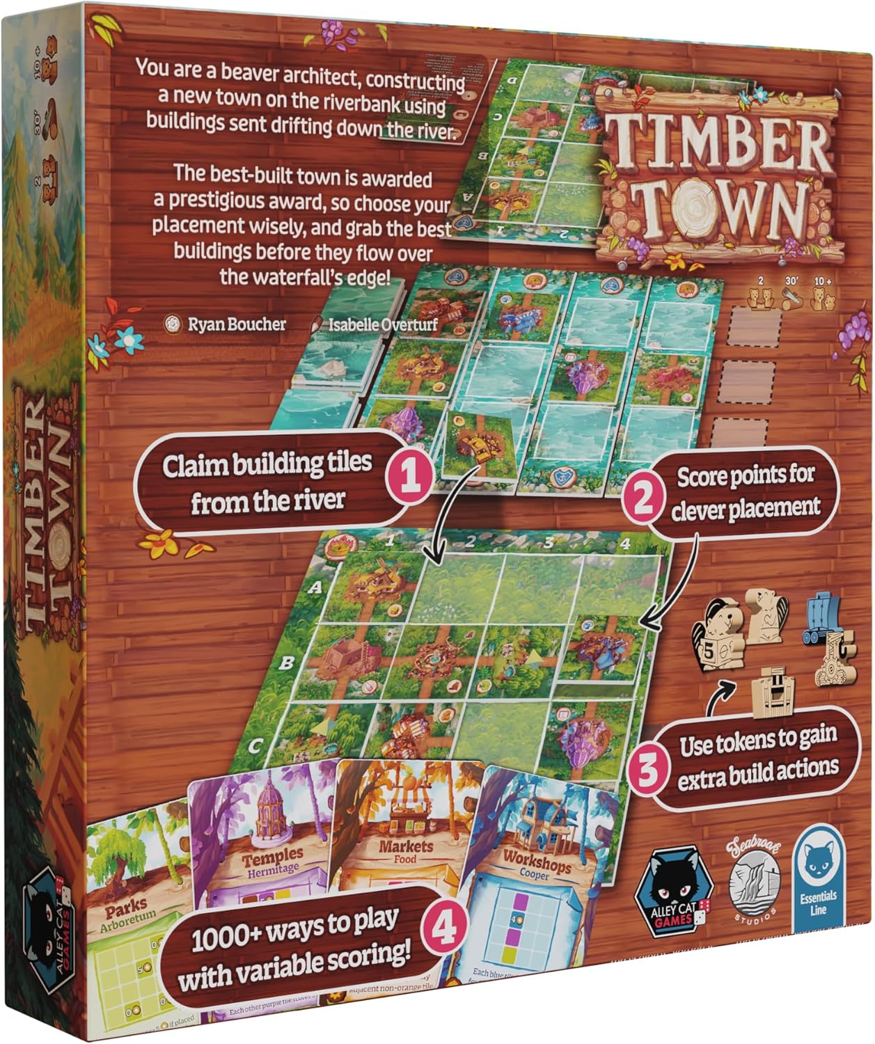 Timber Town - Juego de mesa de Alley Cat Games | A partir de 10 años | Juego de estrategia de dibujo de río para 2 jugadores | Colocación de azulejos, objetivos variables y construcción de ciudad con