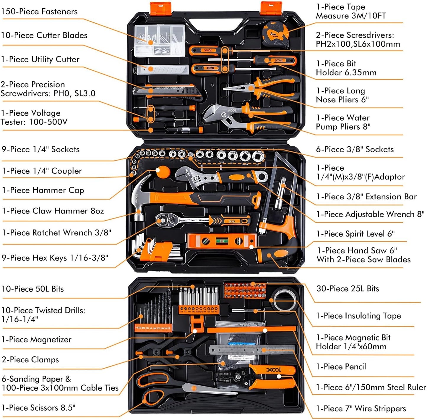 XOOL Kit de herramientas de reparación del hogar de 368 piezas con caja de herramientas de cajón, incluye martillo, alicates, destornilladores, llave, cinta métrica y más para reparación del hogar