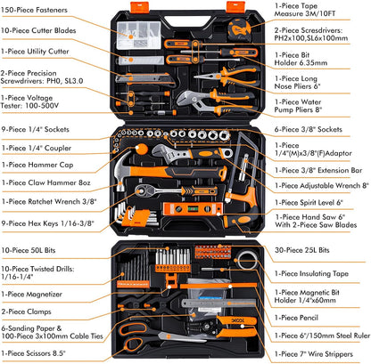 XOOL Kit de herramientas de reparación del hogar de 368 piezas con caja de herramientas de cajón, incluye martillo, alicates, destornilladores, llave, cinta métrica y más para reparación del hogar