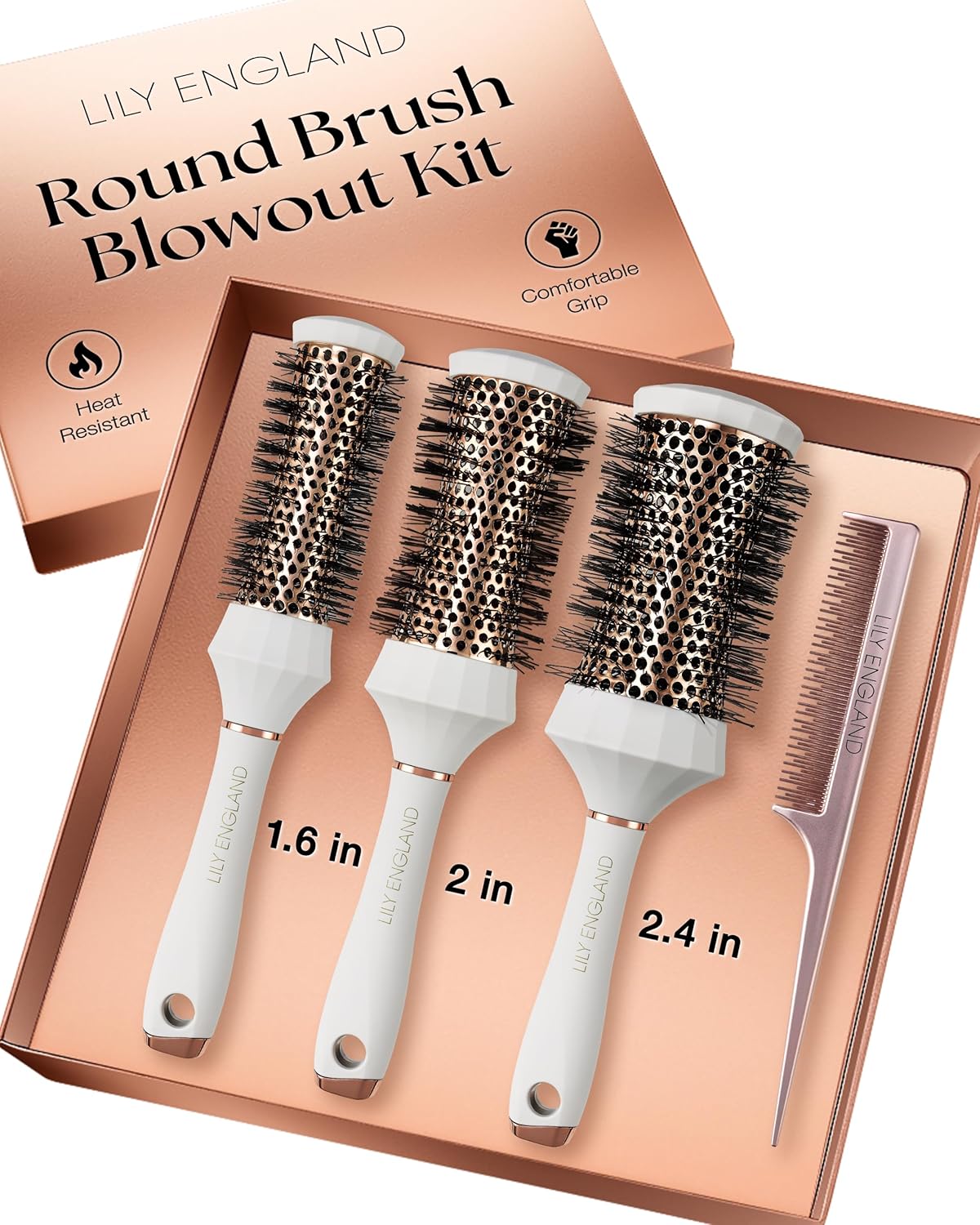 Lily England Juego de Cepillos Redondos para el Cabello, Kit Profesional de Secado con Secador de 4 Piezas con 3 Cepillos Redondos y Peine para Peinado, Juegos de Regalos de Belleza para Mujeres