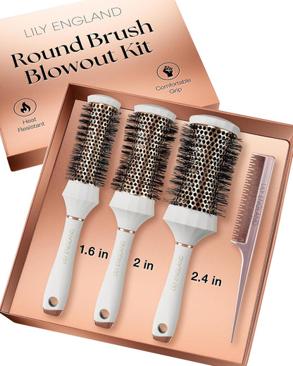 Lily England Juego de Cepillos Redondos para el Cabello, Kit Profesional de Secado con Secador de 4 Piezas con 3 Cepillos Redondos y Peine para Peinado, Juegos de Regalos de Belleza para Mujeres