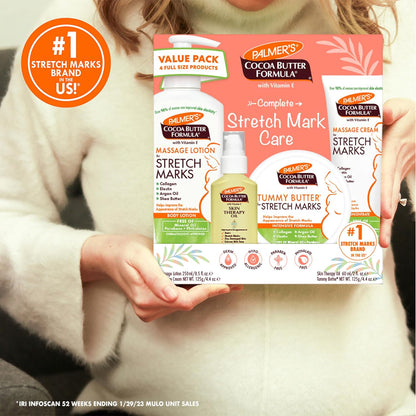 Kit de Cuidado de la Piel Palmer's con Fórmula de Manteca de Cacao para Estrías y Cicatrices, Aprobado por Dermatólogos, Regalo para Mamá, Juego de 4 Piezas de Tamaño Completo