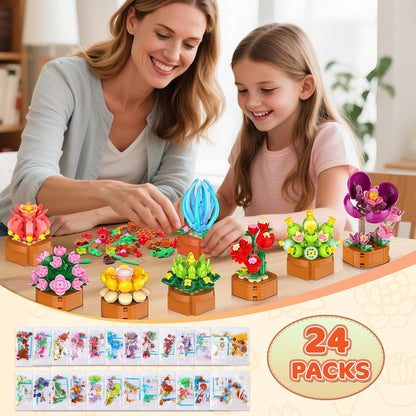 Juego de 24 flores y suculentas, 2160 piezas, colección botánica de 0.142 in, kit de mini flores para decoración del hogar, oficina, bloques de plantas, juguetes, regalos de fiesta de Pascua