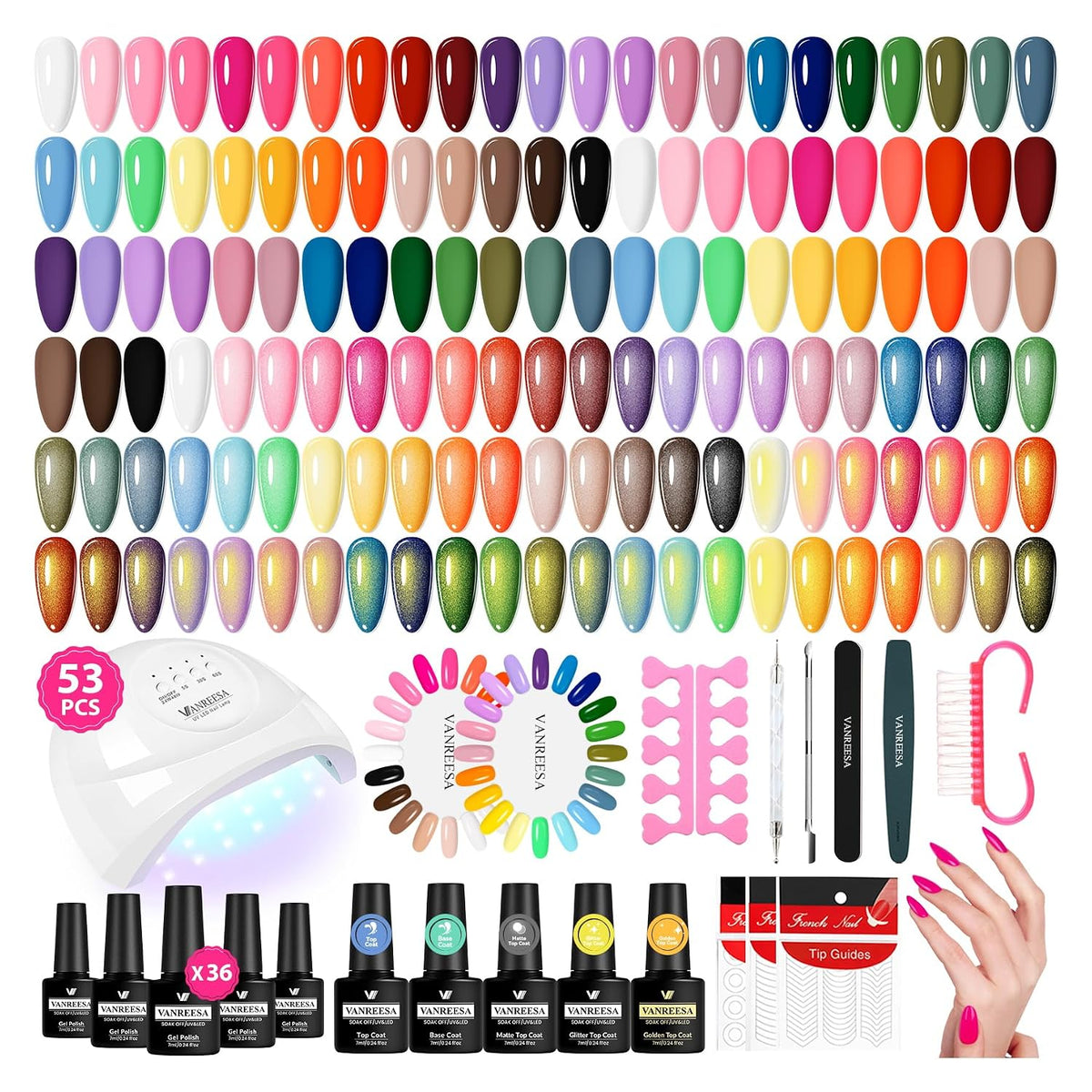 VANREESA Juego de 60 esmaltes de uñas de gel, 55 colores con capa b...