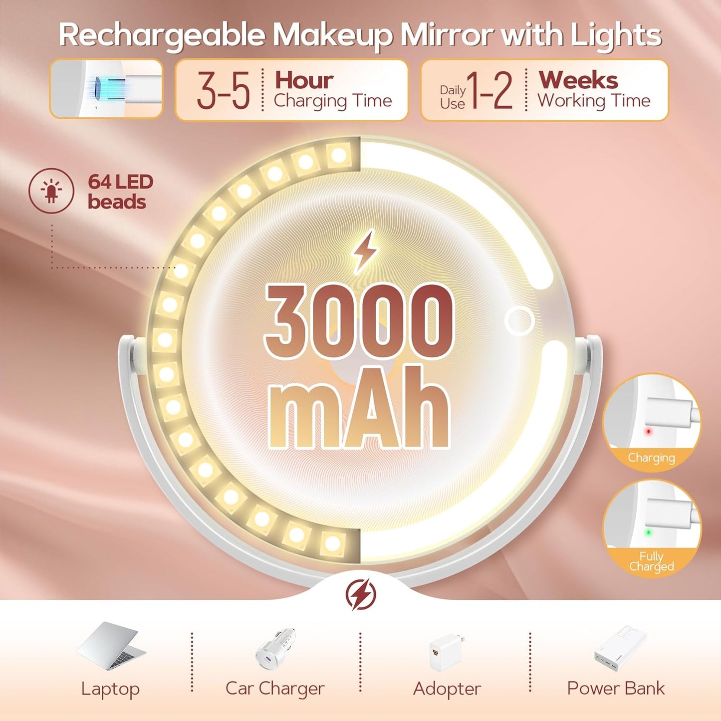 B Beauty Planet Espejo de maquillaje con luces, espejo de aumento i...