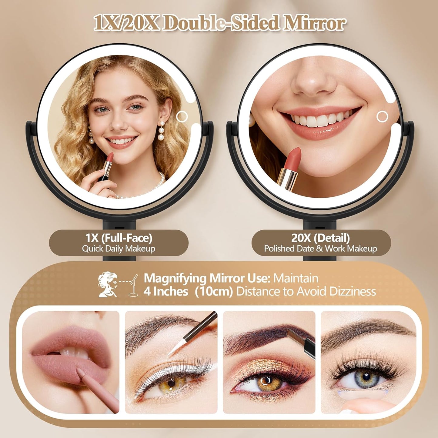 MOMOKUBA Espejo de maquillaje con luces, espejo de aumento de doble...