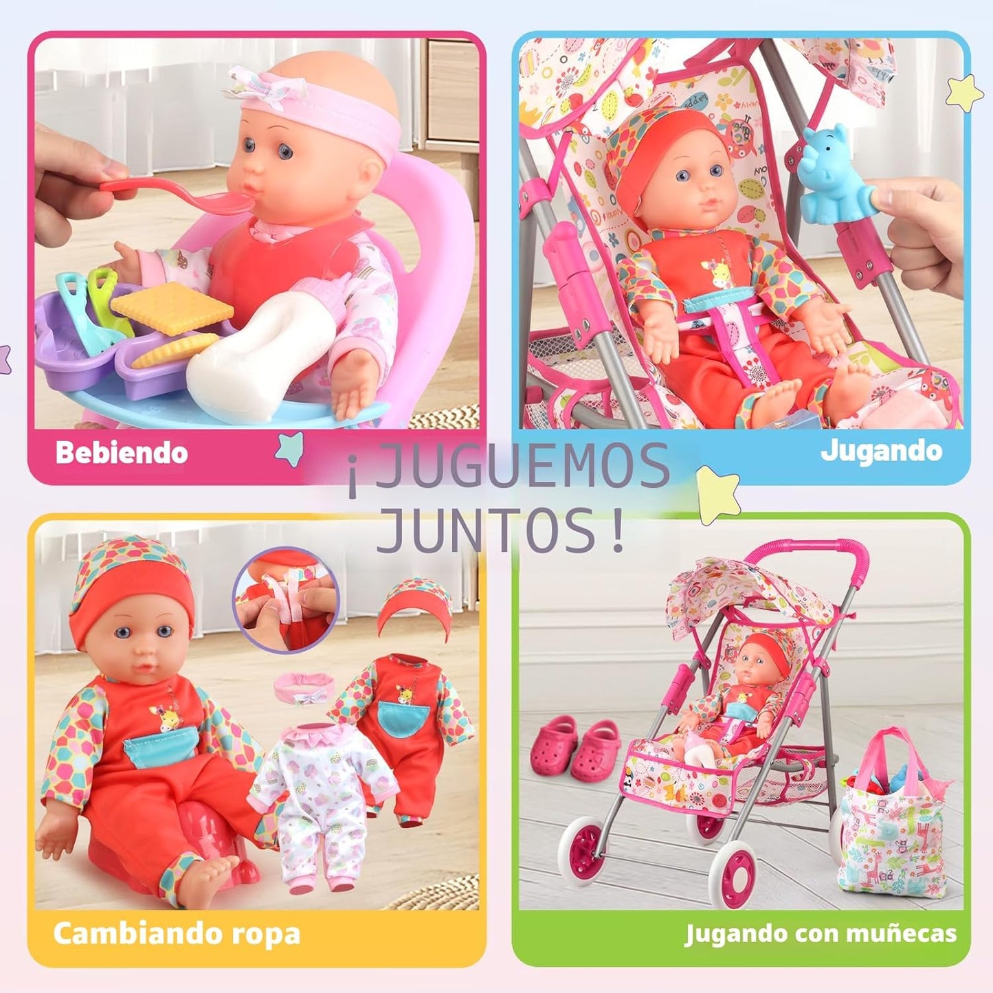 Juego de Cochecito de Muñeca Bebé, Juguetes para Niñas Pequeñas de...