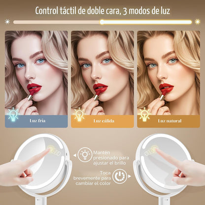 MOMOKUBA Espejo de maquillaje con luces, espejo de aumento de doble...