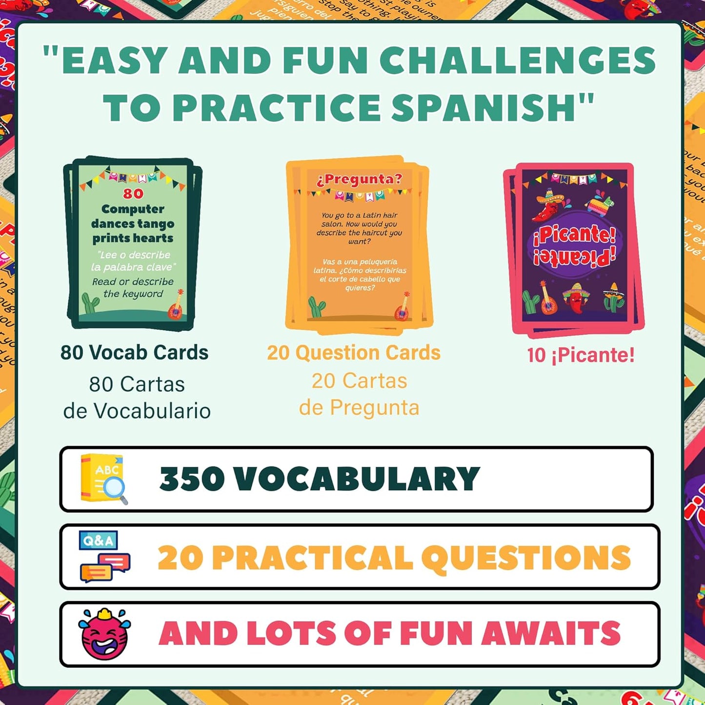 Juegos en español Tabú Charades | Juego de cartas de actuación y aprendizaje bilingüe - Desafíos fáciles y divertidos para practicar español | Perfecto para noches de juegos familiares, regalos