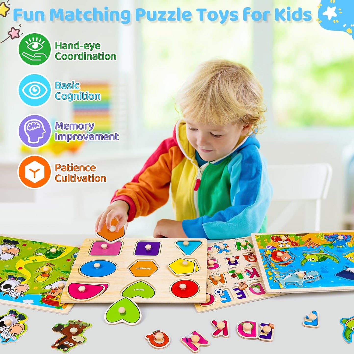 Rompecabezas de madera con clavos para niños pequeños de 2, 3 y 4 años, 4 paquetes de juguetes Montessori para preescolar, rompecabezas de aprendizaje para niños pequeños de 1 a 3 años con animales