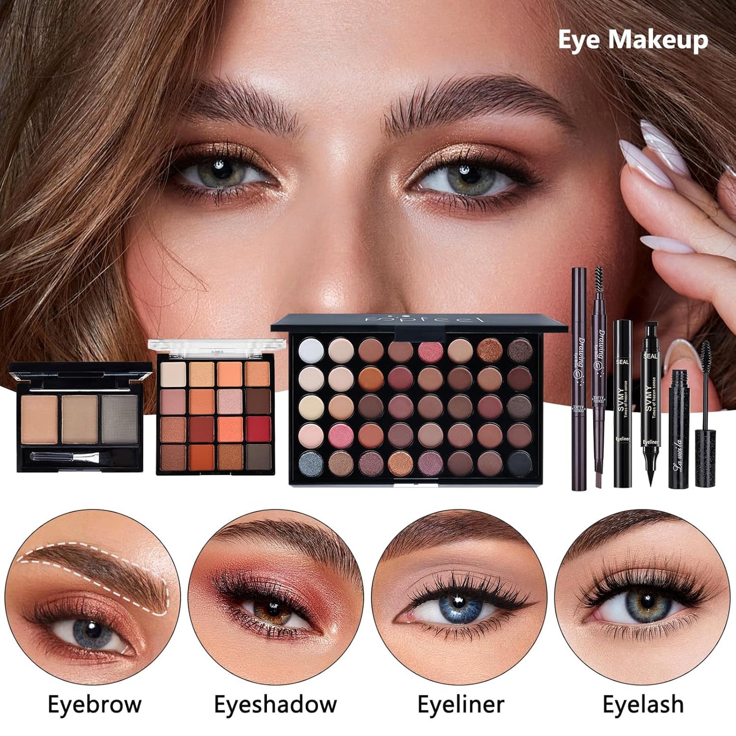 Kit de maquillaje todo en uno para mujer, kit completo de maquillaje, juego de regalo de maquillaje para mujer, paquete esencial de maquillaje incluye base, imprimación facial, paleta de sombras de