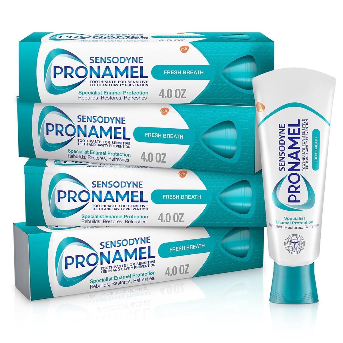 Sensodyne Pronamel Fresh Breath Pasta de dientes de esmalte para dientes sensibles y protección contra caries, Fresh Wave - 4 oz (paquete de 4)