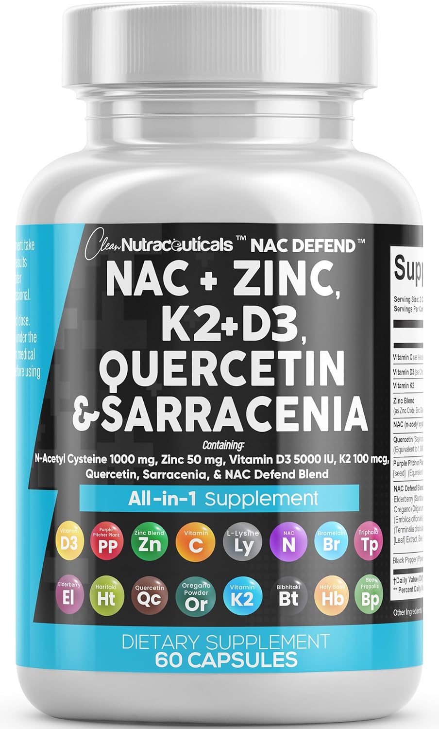 Suplemento NAC N-acetil cisteína Vitamina D3 K2 Zinc Quercetina Sar...