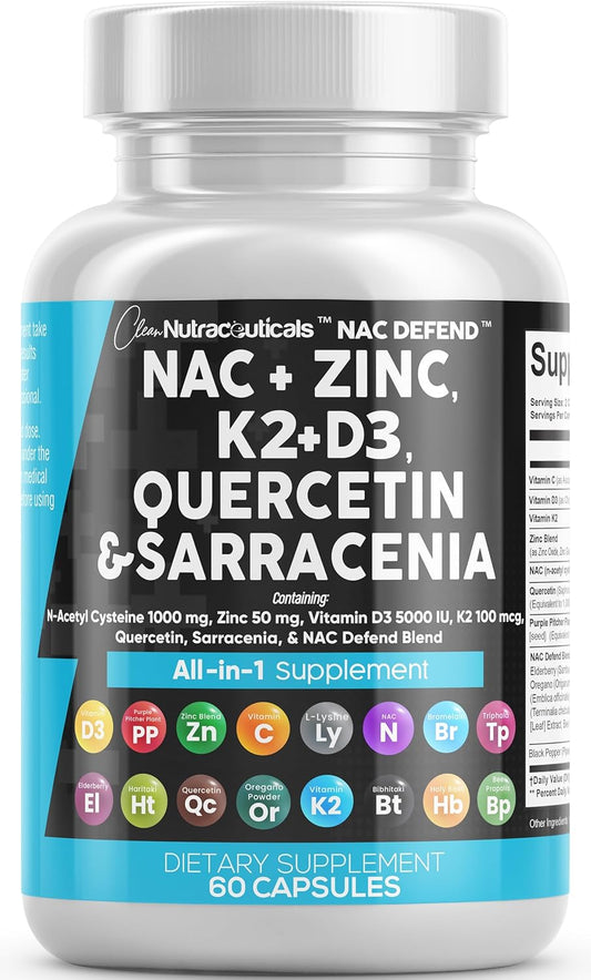 Suplemento NAC N-acetil cisteína Vitamina D3 K2 Zinc Quercetina Sar...