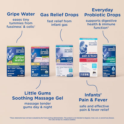 Mommy's Bliss Set de regalo definitivo para bebés, agua de gripe, gotas probióticas, medicamentos para el dolor y la fiebre, gotas de alivio de gases y gel de masaje de encías