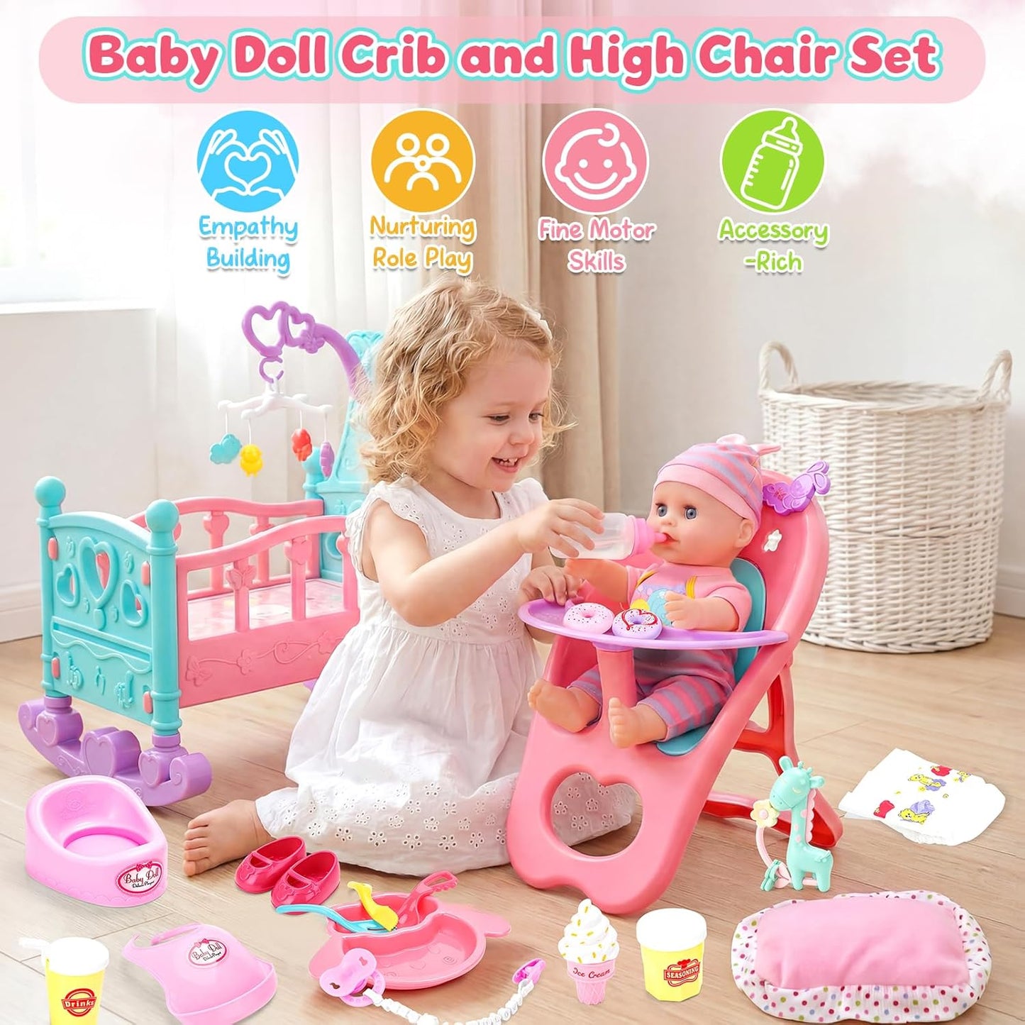 deAO Juego de Muñecas de Bebé de 12" con Cuna, Móvil, Silla Alt...