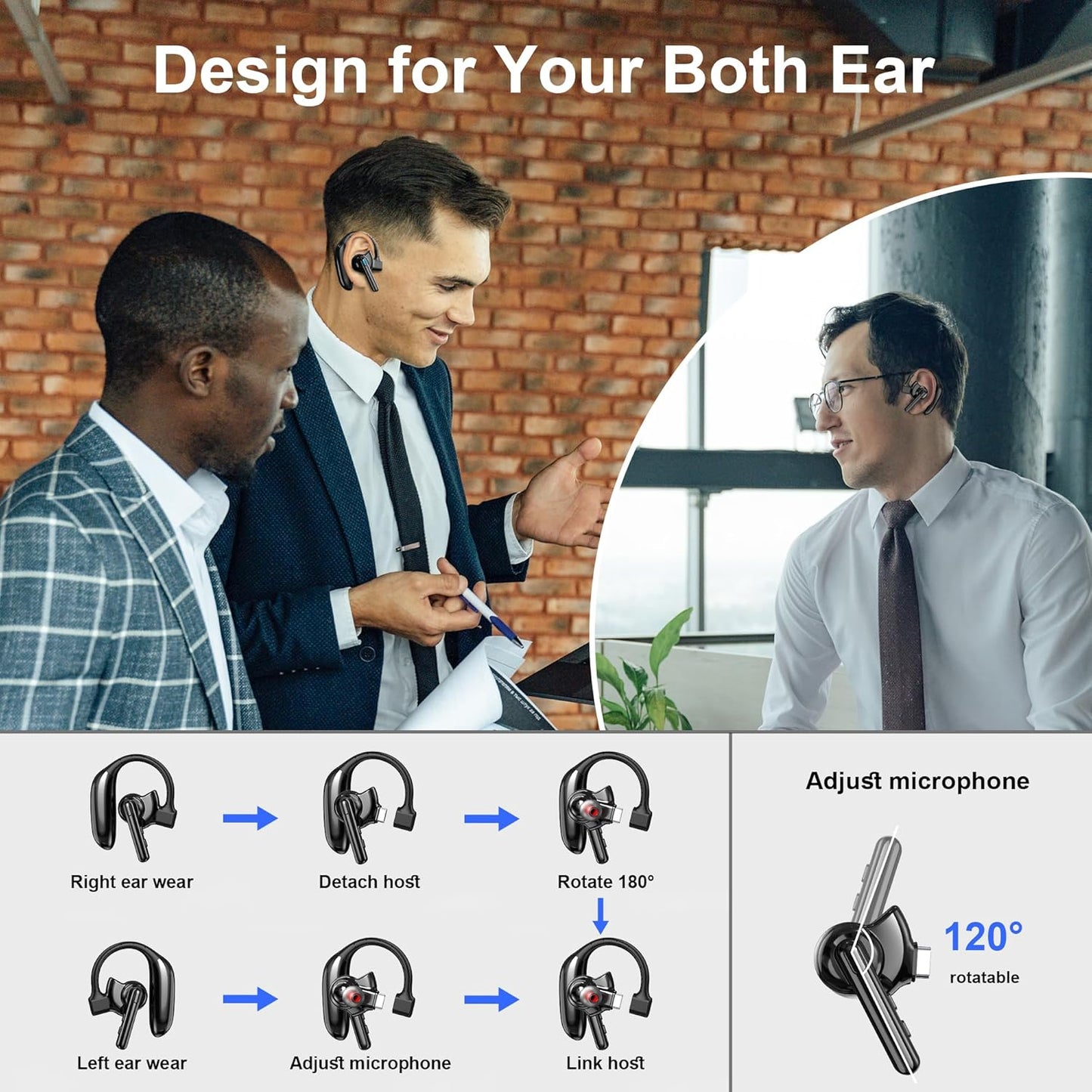IAMJOY Auriculares Bluetooth Dual-Mic V5.4 Auricular Bluetooth inalámbrico con cancelación de ruido, auriculares manos libres, 14 horas de tiempo de conversación, 140 horas de espera para camionero, oficina, conducción