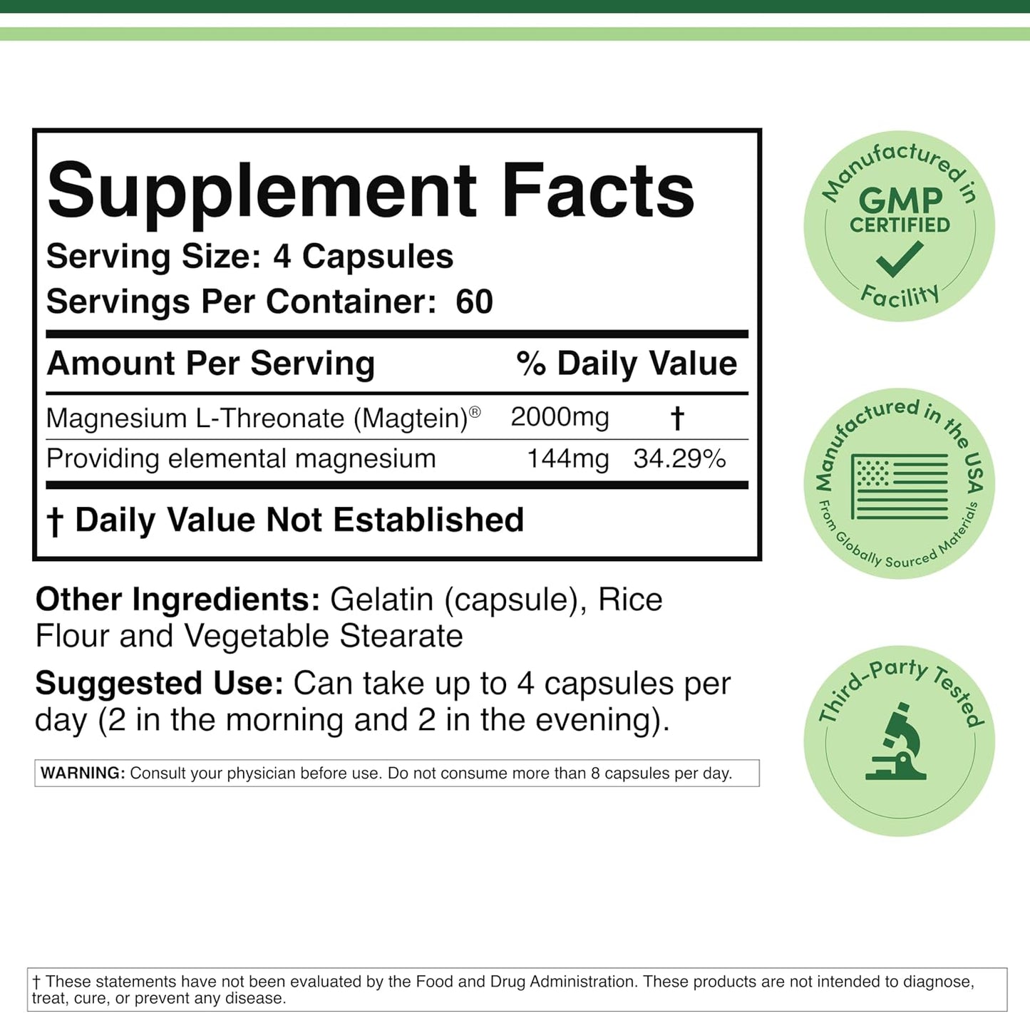 Magnesium L Threonate, Magteína 240 cápsulas \u2013 2,000 mg por po...