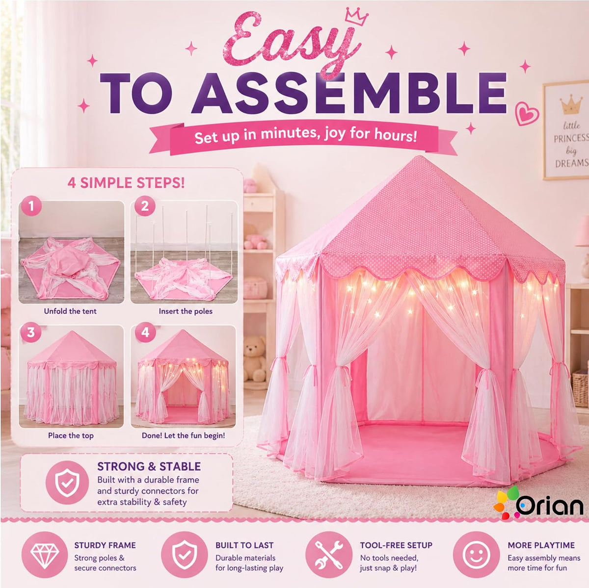 Tienda de campaña ORIAN Princess para niñas, tienda de juegos rosa...